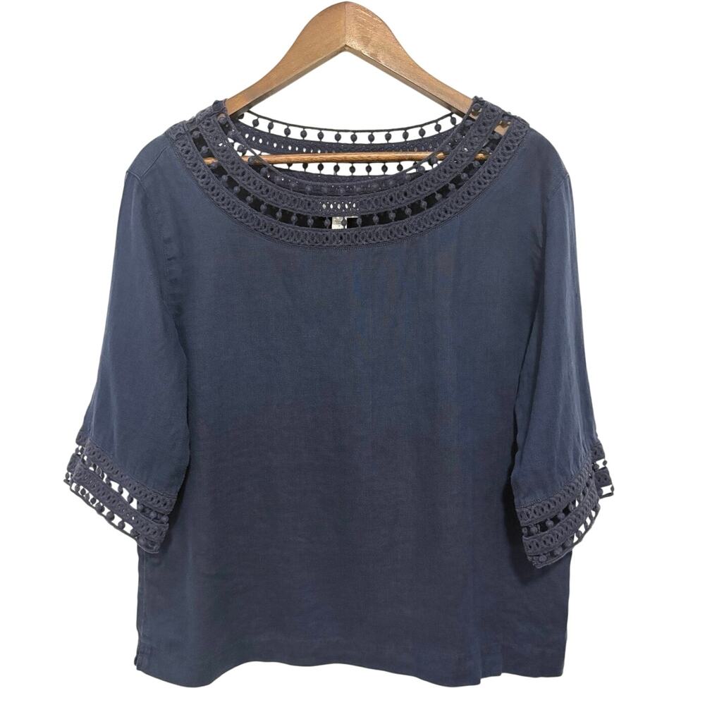 J.Jill Love Linen Top Womens S Navy Blue 100% Linen Crochet Trim Blouse